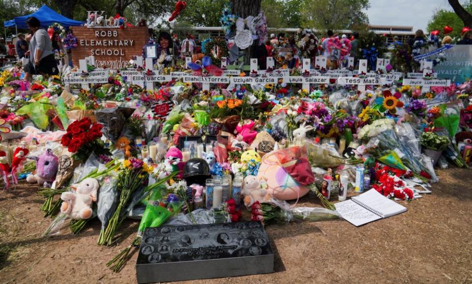 Flowers, toys and other objects left as a memorial to the victims of the Texas school shooting.