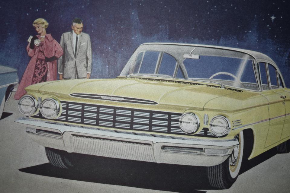 An Oldsmobile Dynamic 88 Celebrity Sedan depicted in a 1959 magazine ad.