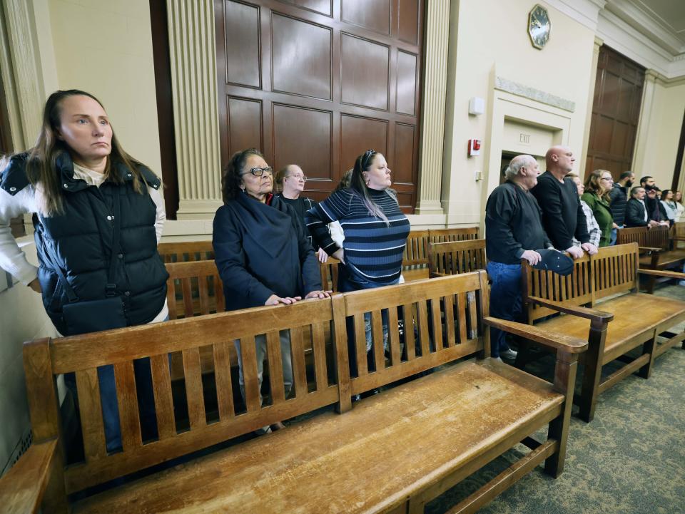 Family and friends of Jennifer Landry of Brockton are in Brockton Superior Court for the murder trial of Jackie Mendes of Fall River on Monday, Dec. 4, 2023. Mendes was charged with fatally stabbing Landry in a road rage incident in Brockton June 28, 2019.
