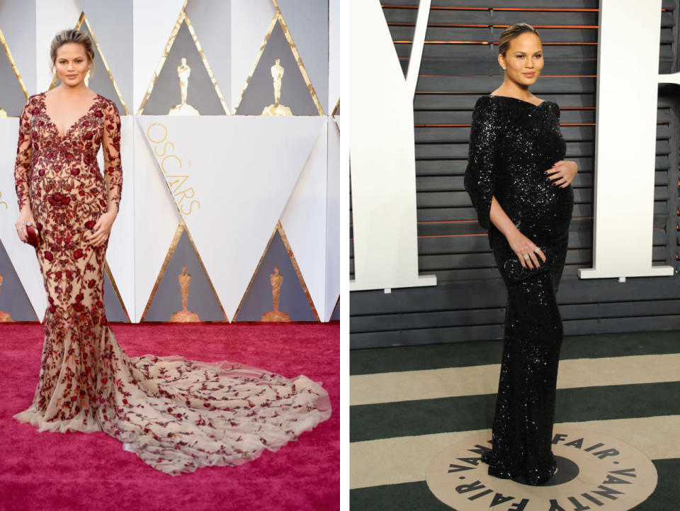 Before: Chrissy Teigen in a custom Marchesa dress. After: The pregnant model traded her gown with a train for something more sleek.