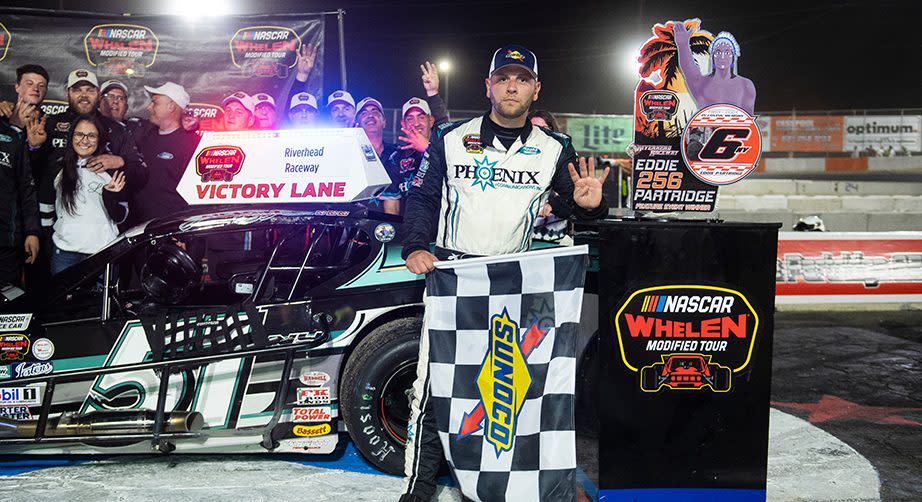 Justin Bonsignore, driver of the #51 Phoenix Communications, Inc., celebrates his win during the Eddie Partridge 256 for the Whelen Modified Tour at Riverhead Raceway on September 17, 2022 in Riverhead, New York. (Mike Lawrence/NASCAR)