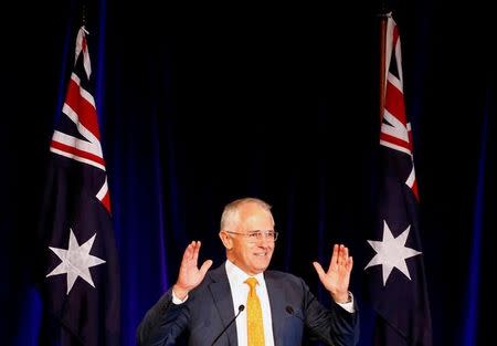 Australian Prime Minister Malcolm Turnbull reacts as he speaks during an official function for the Liberal Party during the Australian general election in Sydney, Australia, July 3, 2016. REUTERS/David Gray