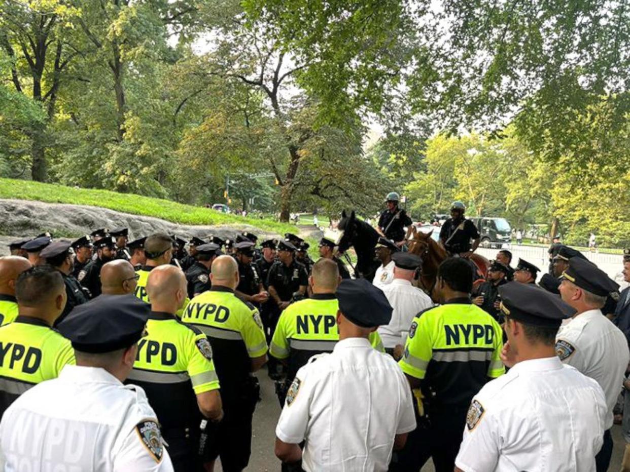 PHOTO: NYPD patrol officers gather for a briefing in Central Park on Aug. 16, 2024. (NYPD)