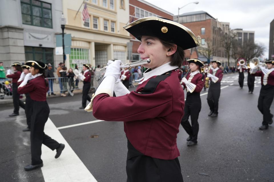 Morristown Colonials Marching Band during the 2023 Morris County St. Patrick’s Day Parade in Morristown, NJ on March 11, 2023.