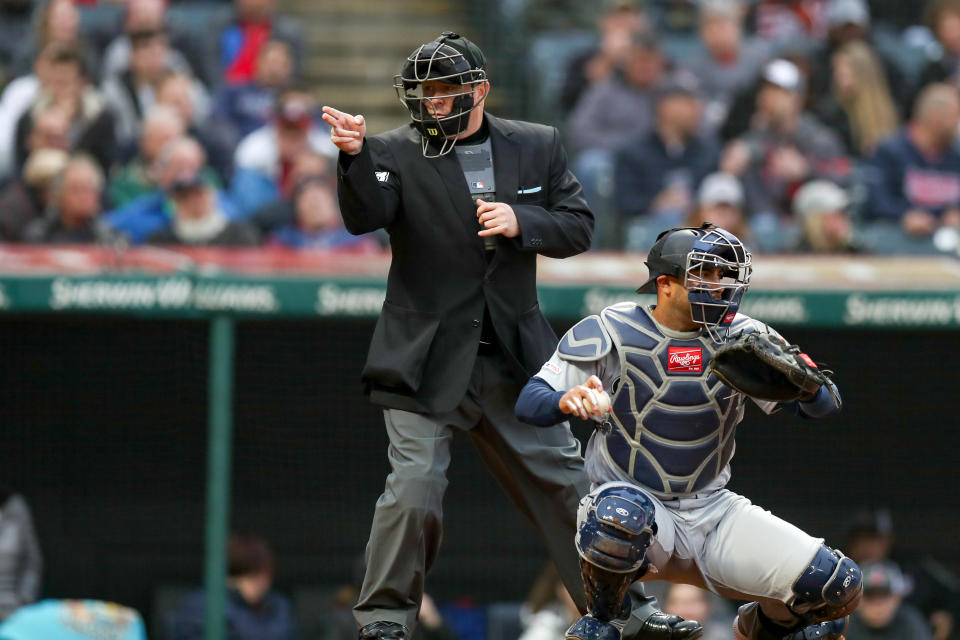 CLEVELAND, OH - MAY 03: Home plate umpire Todd Tichenor (13) class a strike on Cleveland Indians outfielder Jordan Luplow (8) (not pictured) during the second inning of the Major League Baseball game between the Seattle Mariners and Cleveland Indians on May 3, 2019, at Progressive Field in Cleveland, OH. (Photo by Frank Jansky/Icon Sportswire via Getty Images)