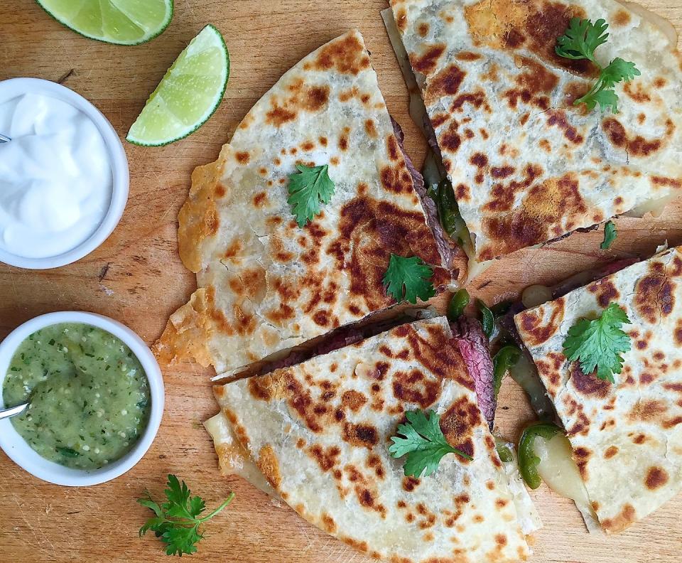 Grilled Skirt Steak Quesadillas with Tomatillo Sauce