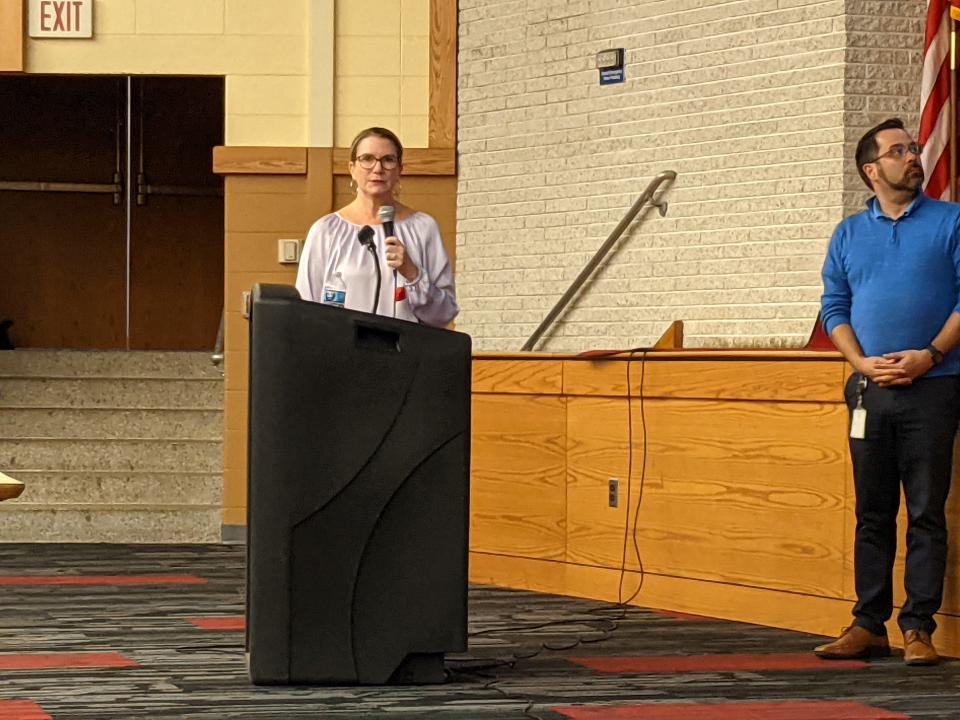 Westwood Superintendent Jill Mortimer discussed the district budget at Thursday night's meeting while Business Administrator Keith Rosado looked on.