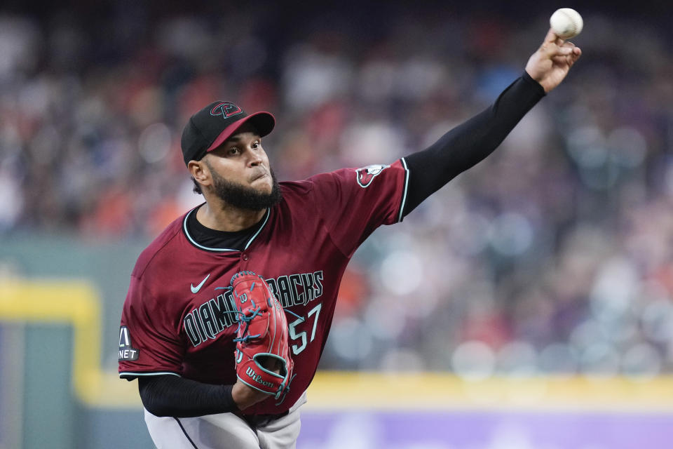 Arizona Diamondbacks starting pitcher Eduardo Rodriguez throws against the Houston Astros during the first inning of a baseball game, Saturday, Sept. 7, 2024, in Houston. (AP Photo/Eric Christian Smith)