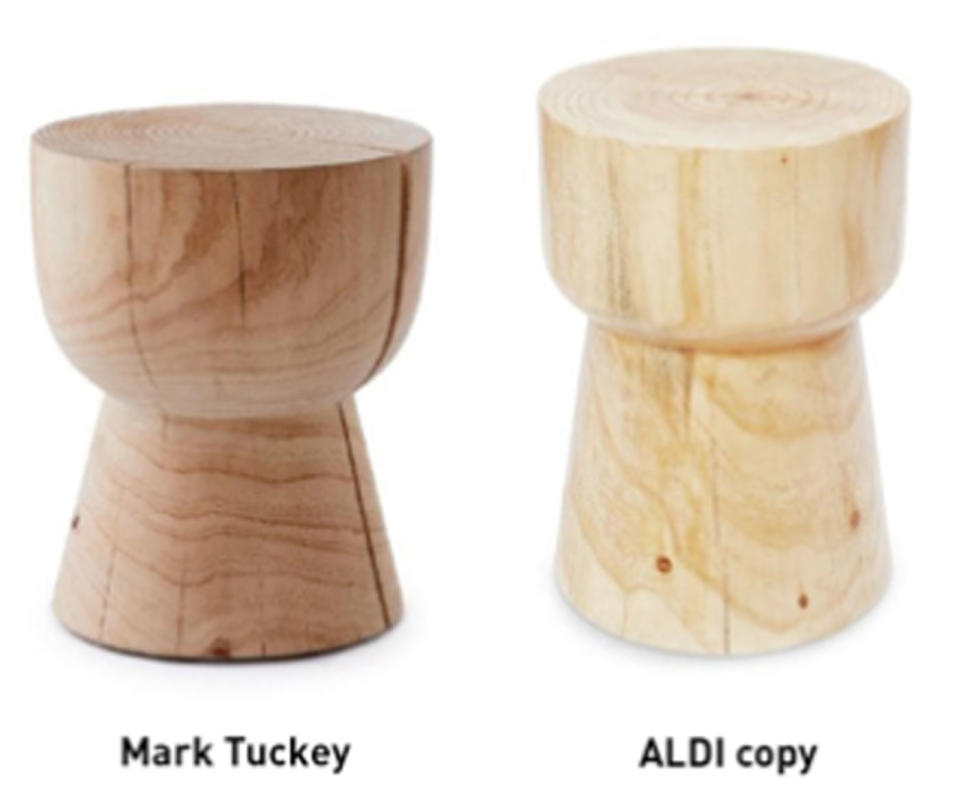 The Design Institute of Australia claims the Aldi Natural Wood Side Table is a copy of Australian designer Mark Tuckey’s Egg Cup stool. Source: Design Institute of Australia