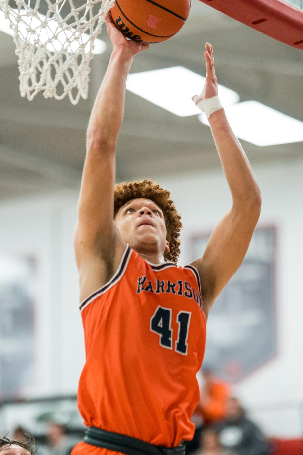 Harrison Forward Malachi King (41) with a layup during the IHSAA boy’s basketball game, Friday, Jan. 5, 2024, at West Lafayette High School in West Lafayette, Ind. West Lafayette won 61-54. Dave Wegiel for the Journal and Courier