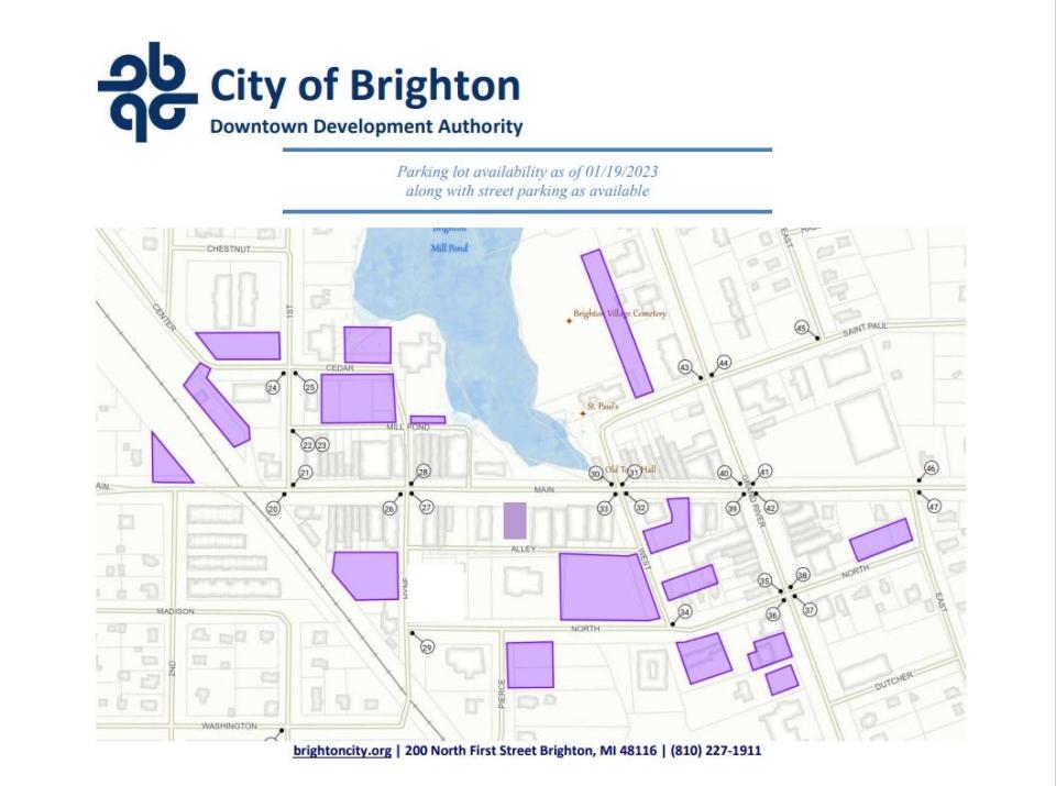 A map of downtown Brighton shows where visitors can park while the streetscape project is underway in 2023.