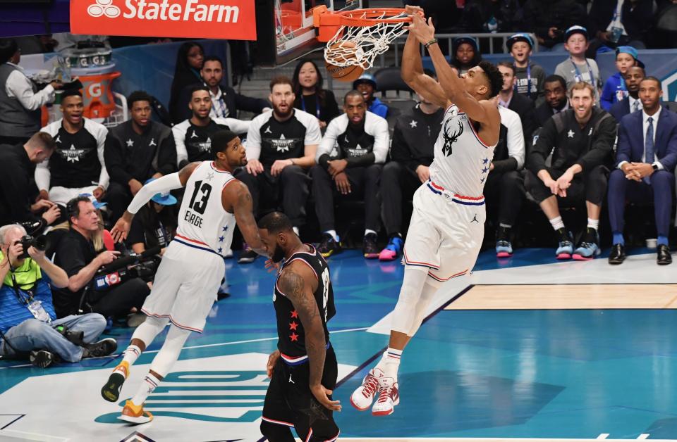 Giannis Antetokounmpo dunks the ball against Team LeBron during the 2019 NBA All Star Game on Feb. 17, 2019 at Spectrum Center in Charlotte, North Carolina. (Getty Images)