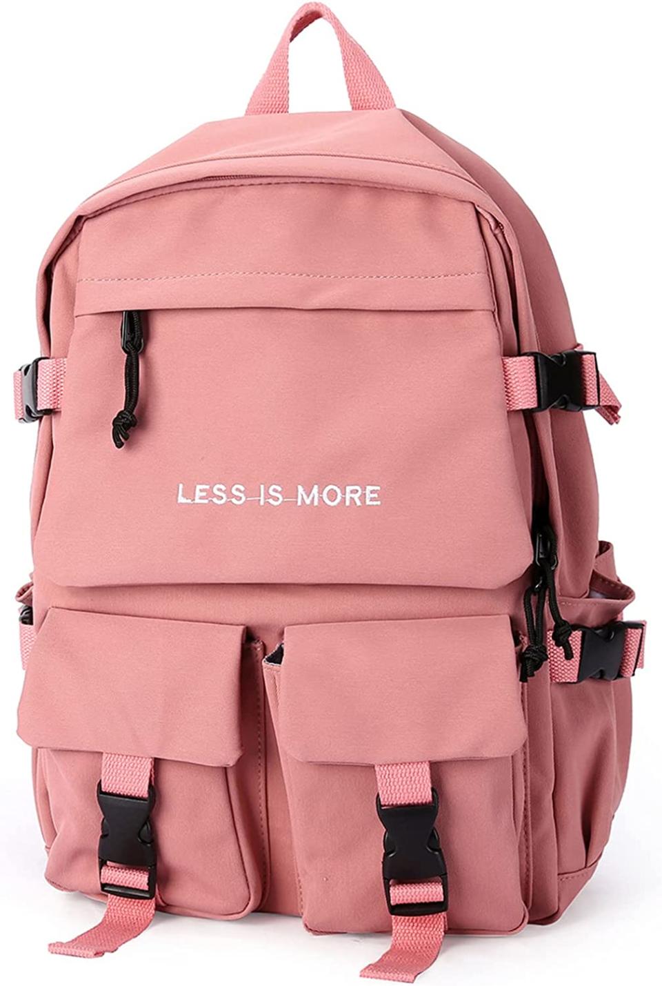 pink backpack with two front pockets