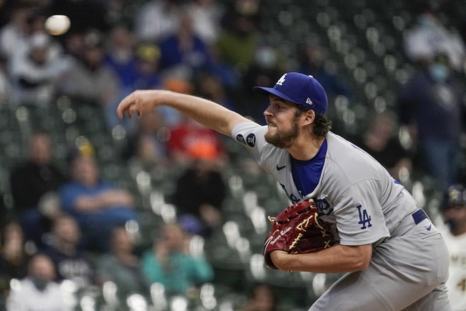 Los Angeles Dodgers starting pitcher Trevor Bauer throws during the first inning of a baseball game against the Milwaukee Brewers Thursday, April 29, 2021, in Milwaukee. (AP Photo/Morry Gash)