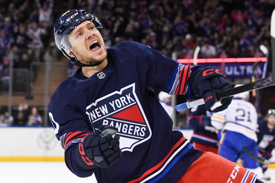 Dec 23, 2023; New York, New York, USA; New York Rangers left wing Artemi Panarin (10) celebrates his goal against the Buffalo Sabres during the first period at Madison Square Garden.