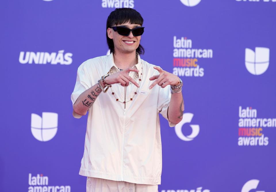 Peso Pluma arrives at the Latin American Music Awards on April 20 at the MGM Grand Garden Arena in Las Vegas.