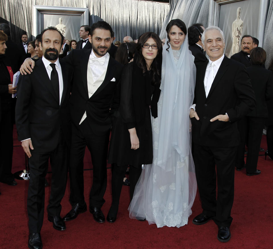 From left, Asghar Farhadi, Peyman Moadi, Sarina Farhadi, Leila Hatami and Mahmoud Kalari arrive before the 84th Academy Awards on Sunday, Feb. 26, 2012, in the Hollywood section of Los Angeles. (AP Photo/Matt Sayles)