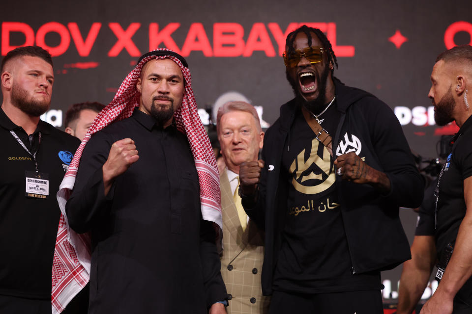 RIYADH, SAUDI ARABIA - DECEMBER 21:  Joseph Parker and  Deontay Wilder face off at the Day of Reckoning press conference on December 21, 2023 in Riyadh, Saudi Arabia. (Photo by Mark Robinson/Matchroom Boxing via Getty Images)