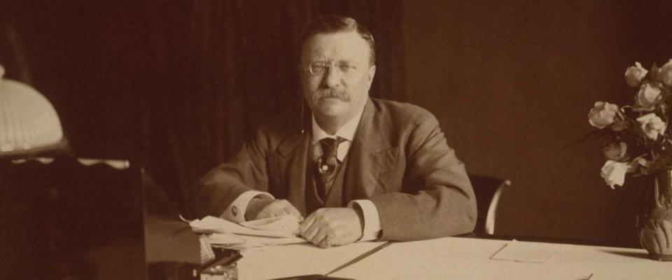 President Theodore Roosevelt (1858-1919), at his desk, 1907.