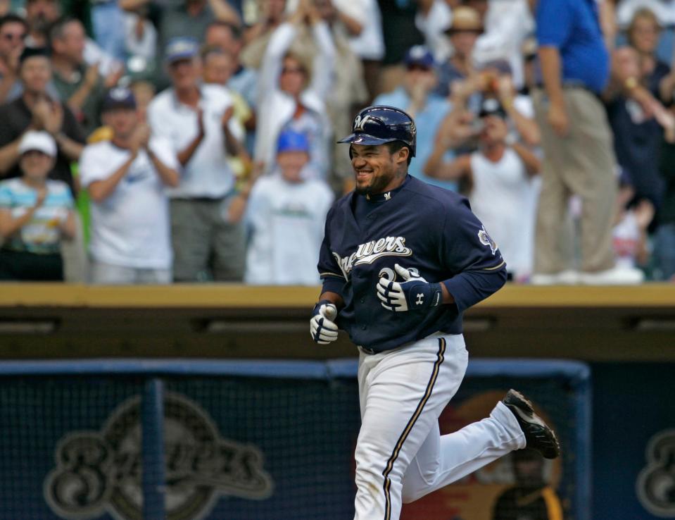 Milwaukee Brewers' Prince Fielder is all smiles as he goes into his home run trot after hitting a walk-off pinch-hit 2-run homer in the bottom of the 9th inning Wednesday, August 31, 2005.