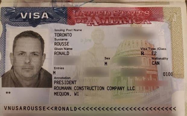 Rousse sent CBC News this photo of his E-2 visa, allowing entry to the U.S. for business reasons.