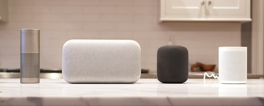 From left: The Amazon Echo Plus ($150), Google Home Max ($400), Apple HomePod ($350), Sonos One ($200). The HomePod sounds best.