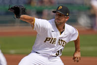 Pittsburgh Pirates starting pitcher Tyler Anderson delivers during the first inning of a baseball game against the Chicago Cubs in Pittsburgh, Thursday, April 8, 2021. (AP Photo/Gene J. Puskar)