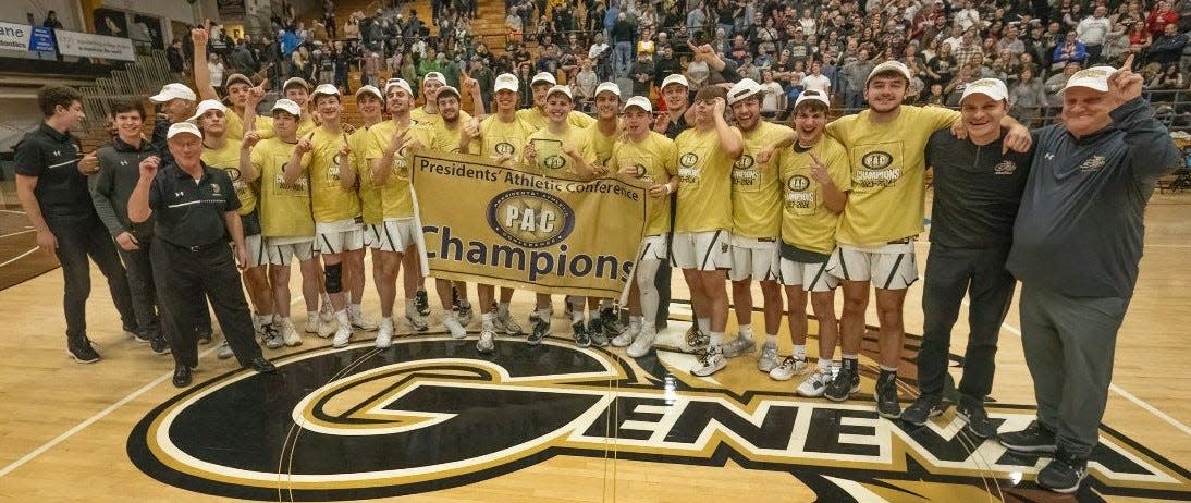 The Golden Tornadoes posed for a team photo after their victory in the Presidents' Athletic Conference championship game.