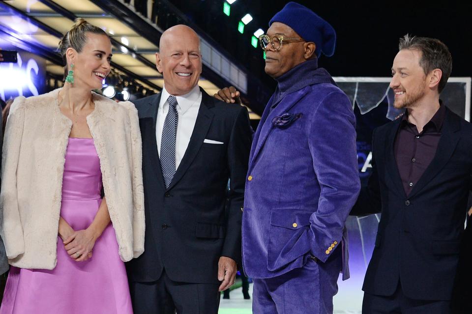 Star struck: Sarah Paulson with Bruce Willis, Samuel L. Jackson and James McAvoy at the UK premiere of Glass (Dave Benett)