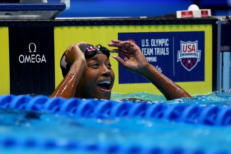 Simone Manuel celebrates her victory in the 50m freestyle at the US Olympic swimming trials (Sarah Stier)