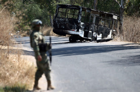 The wreckage of a bus that was burnt in a blockade set by members of the Santa Rosa de Lima Cartel to repel security forces during an anti-fuel theft operation is pictured in Santa Rosa de Lima, in Guanajuato state, Mexico, March 6, 2019. REUTERS/Edgard Garrido