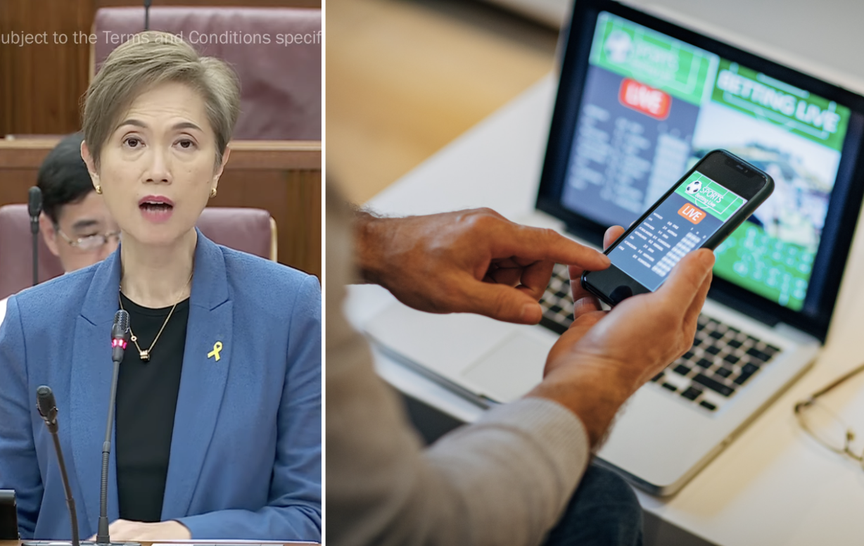 Josephine Teo giving speech (left) and man making online bet (Photos: MCI Youtube/Getty Images)