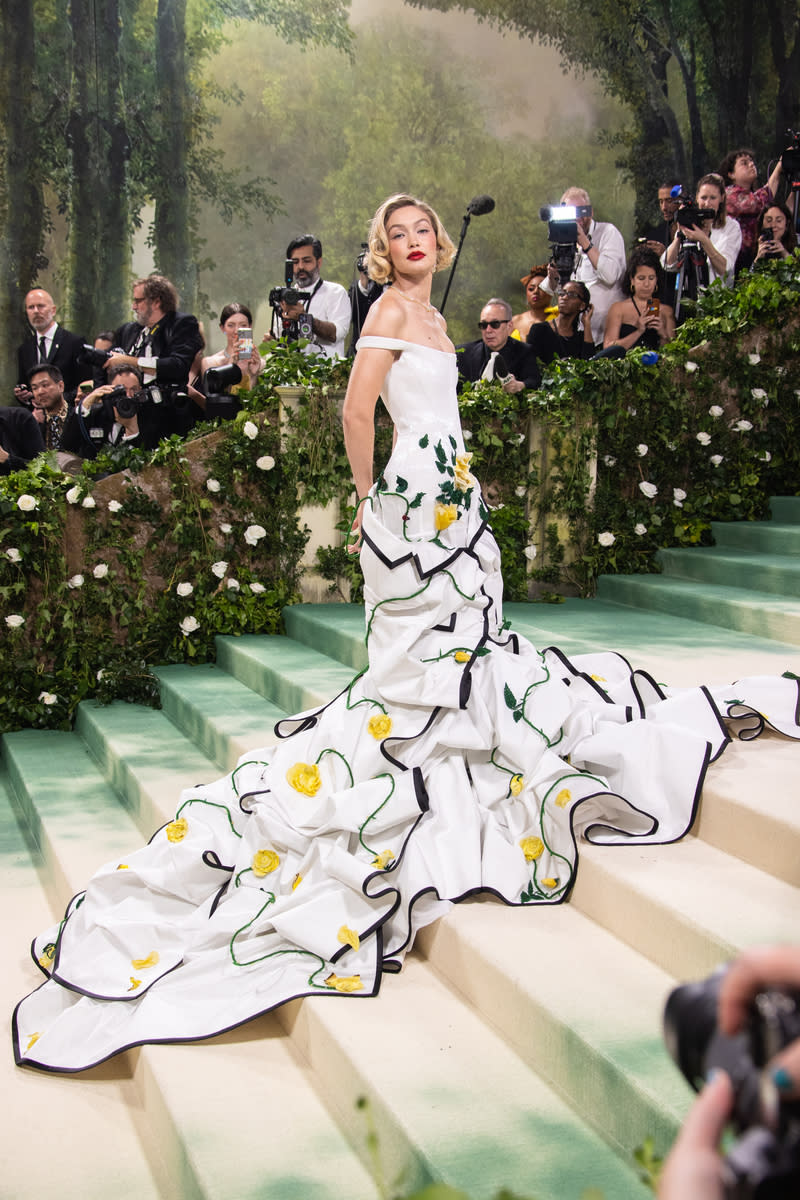 Gigi Hadid at the 2024 Met Gala: "Sleeping Beauties: Reawakening Fashion" on May 6 in New York, red carpet, Vogue, Thom Browne, Chopard