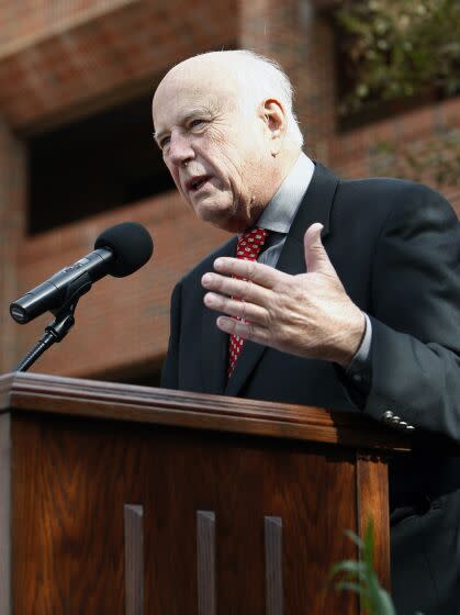 FILE - In this Nov. 5, 2011, file photo, Big 12 Interim Commissioner Chuck Neinas speaks during the Barry Switzer.