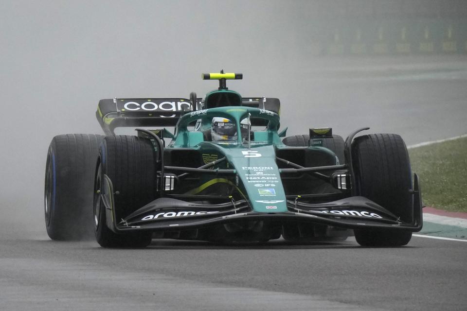 Aston Martin driver Sebastian Vettel of Germany steers his car during the first free practice for Sunday's Emilia Romagna Formula One Grand Prix, at the Dino and Enzo Ferrari racetrack, in Imola, Italy, Friday, April 22, 2022. (AP Photo/Luca Bruno)