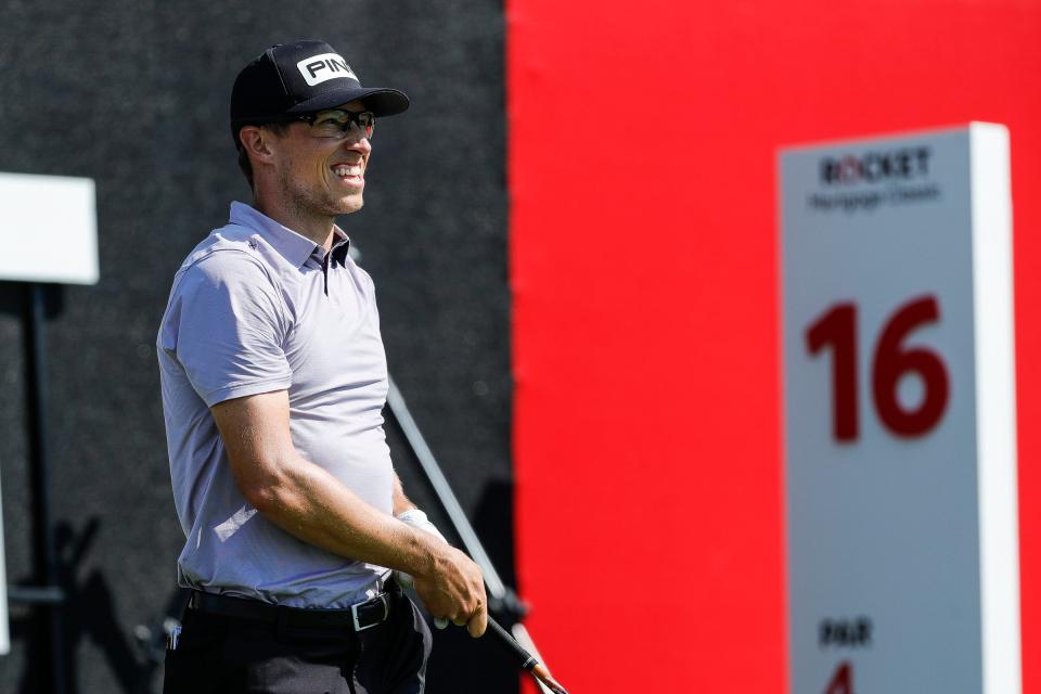 Brandon Hagy tees from the 16th tee during the first round of the Rocket Mortgage Classic at the Detroit Golf Club, Thursday, July 1, 2021.