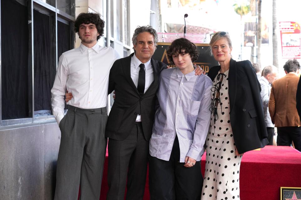Keen Ruffalo, from left, Mark Ruffalo, Bella Ruffalo and Sunrise Coigney attend a ceremony honoring Ruffalo with a star on the Hollywood Walk of Fame on Feb. 8, 2024, in Los Angeles.