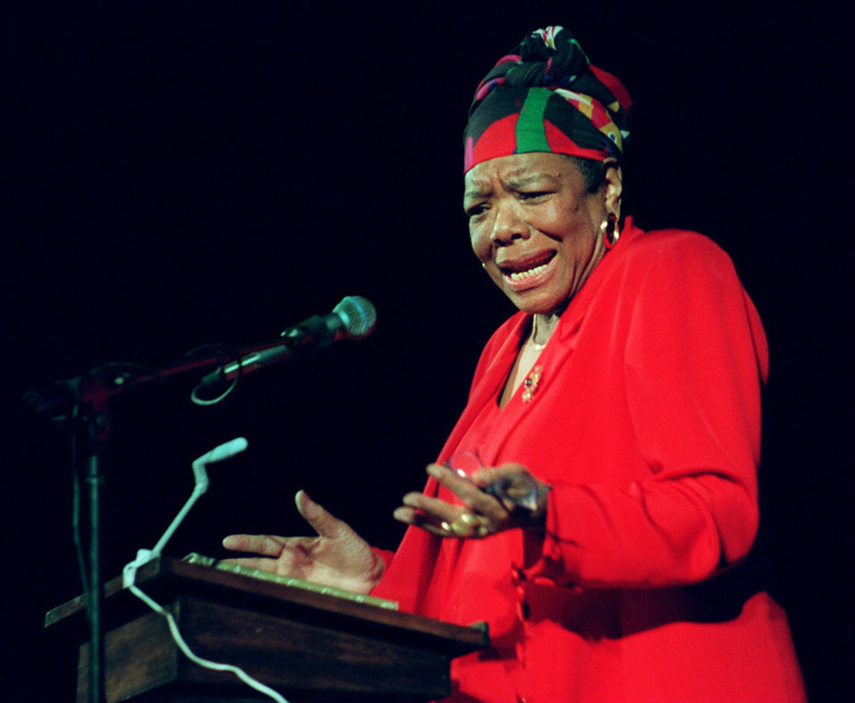 Maya Angelou reads poetry to Tufts University students at the Somerville Theatre in Somerville, Mass. on April 28, 1997.