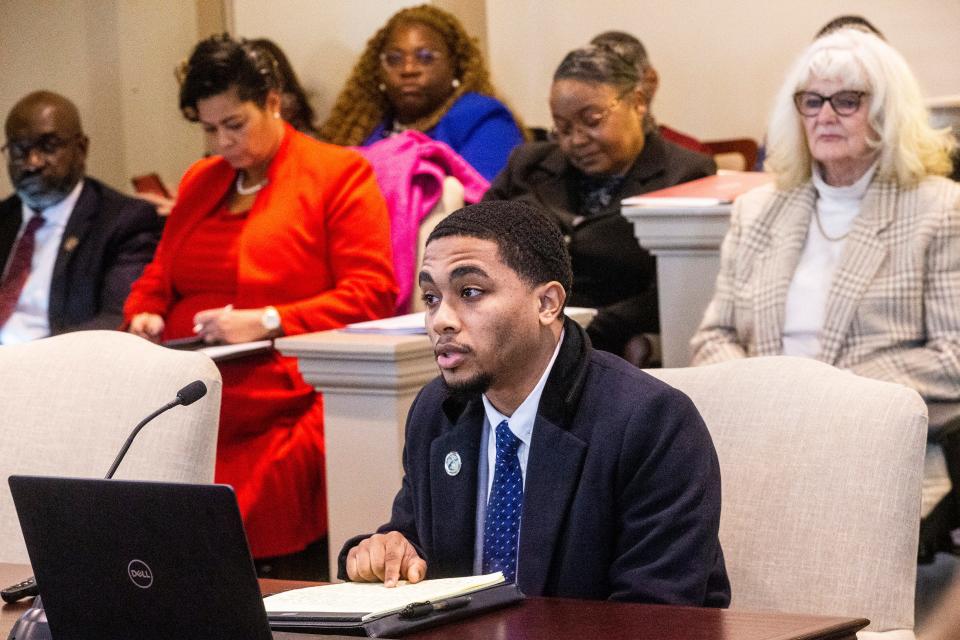 David Hawkins, 22, majoring in Financial Economics and SGA President at Delaware State University, testifies at DSU's state budget hearing at Legislative Hall in Dover, Thursday, Feb. 2, 2023.