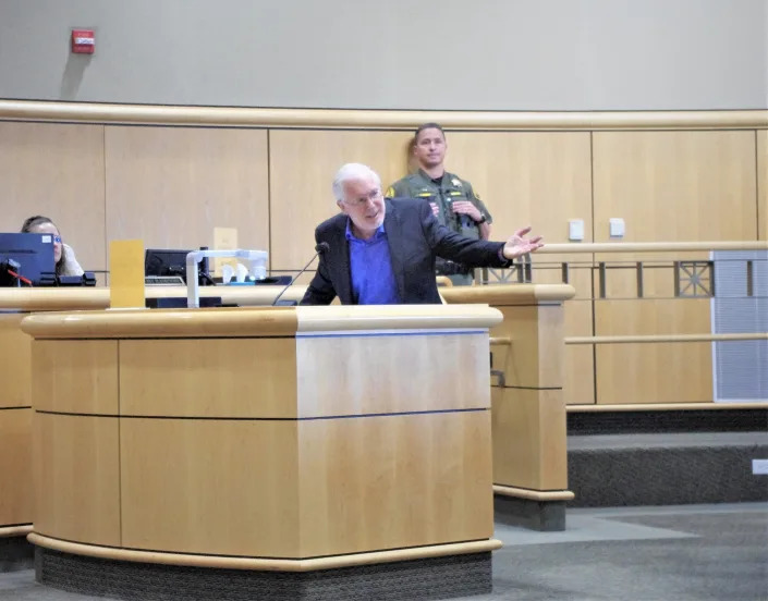 Jeff Gorder addresses the Shasta County Board of Supervisors on Wednesday before its vote on whether to go forward with hiring Chriss Street as county CEO.