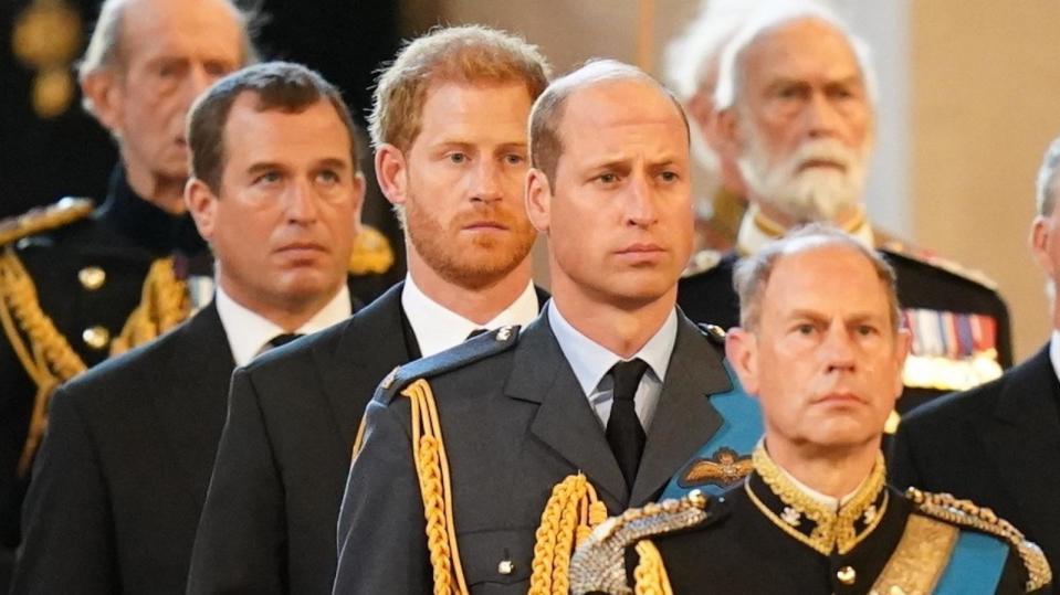 PHOTO: In this Sept. 14, 2022 file photo, (L-R) Peter Phillips, Prince Harry, Prince William and Edward, Earl of Wessex follow the bearer carrying the coffin of Queen Elizabeth II into Westminster Hall ahead of her funeral in London. (Jacob King/WPA Pool/Getty Images, FILE)