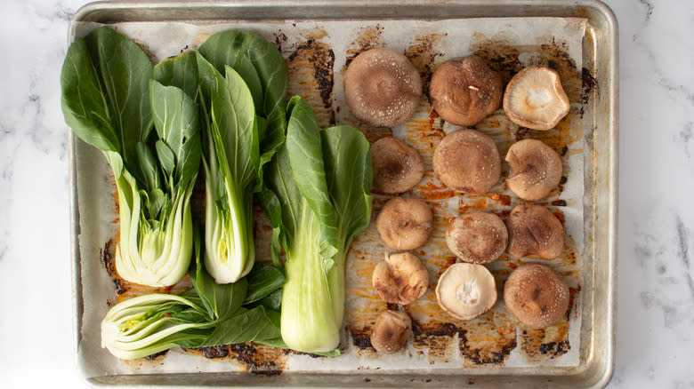 bok choy mushrooms on sheet