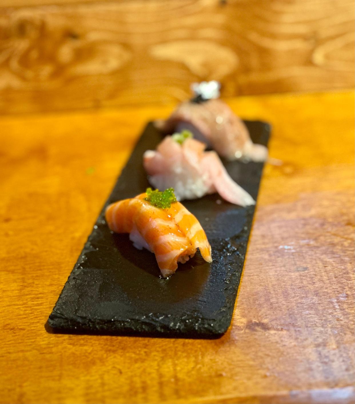 The nigiri at Yuki Handroll Bar in Westlake are served to guests at the horseshoe-shaped sushi bar.