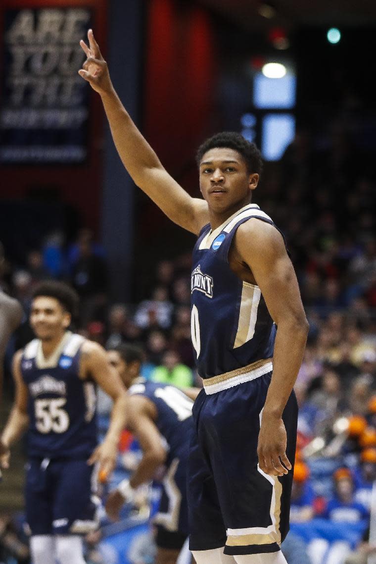 Mount St. Mary's Junior Robinson reacts in the second half of a First Four game of the NCAA college basketball tournament against New Orleans, Tuesday, March 14, 2017, in Dayton, Ohio. Mount St. Mary's won 67-66. (AP Photo/John Minchillo)