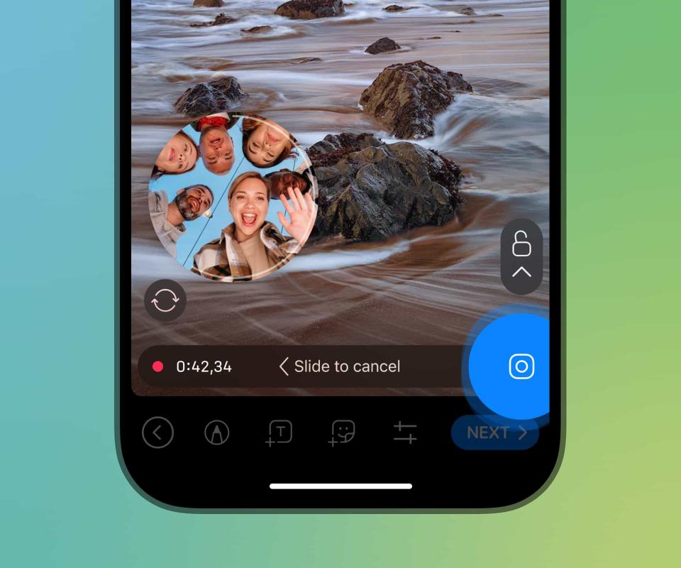 A circular icon shows a group of friends looking down and waving at a camera lens. The image is overlaid on top of a windy beach in a mobile app. Text reading 