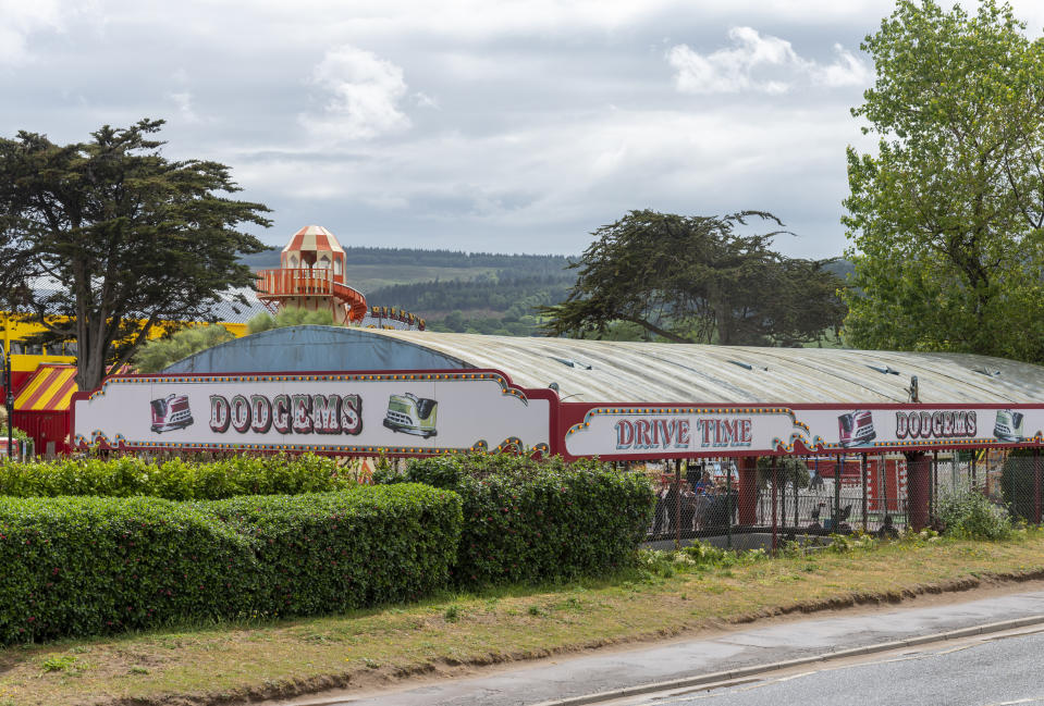 Minehead, UK - June 2019: view of dodgems from a public road. This is part of the Butlins complex and is visible from the beachfront promenade.