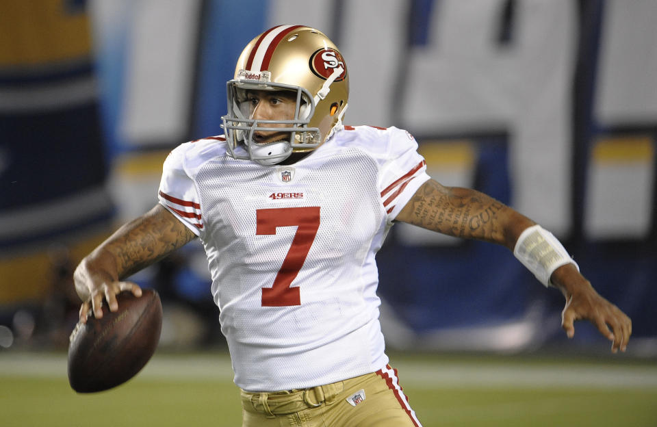 San Francisco 49ers quarterback Colin Kaepernick scrambles during the second half first of a NFL preseason football game against the San Diego Chargers Thursday, Sept. 1, 2011 in San Diego. (AP Photo/Denis Poroy)