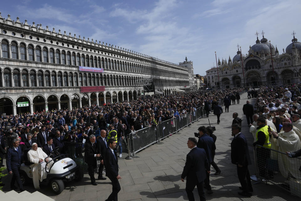 Pope Francis arrives in St. Mark’s Square to celebrate a mass in Venice, Italy, Sunday, April 28, 2024. The Pontiff arrived for his first-ever visit to the lagoon town including the Vatican pavilion at the 60th Biennal of Arts. (AP Photo/Alessandra Tarantino)