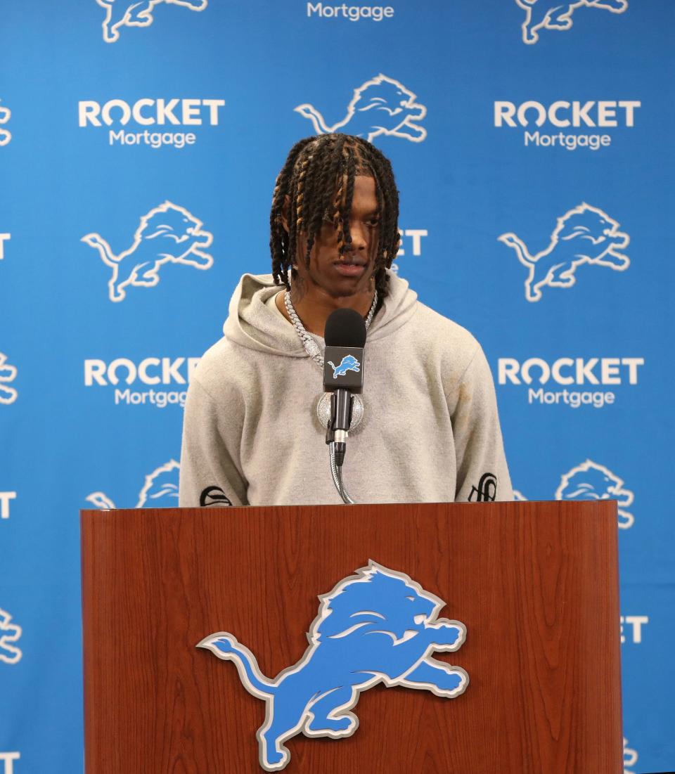 Detroit Lions first-round draft pick Jameson Williams talks with reporters on Friday, April 29, 2022, at the Allen Park practice facility.