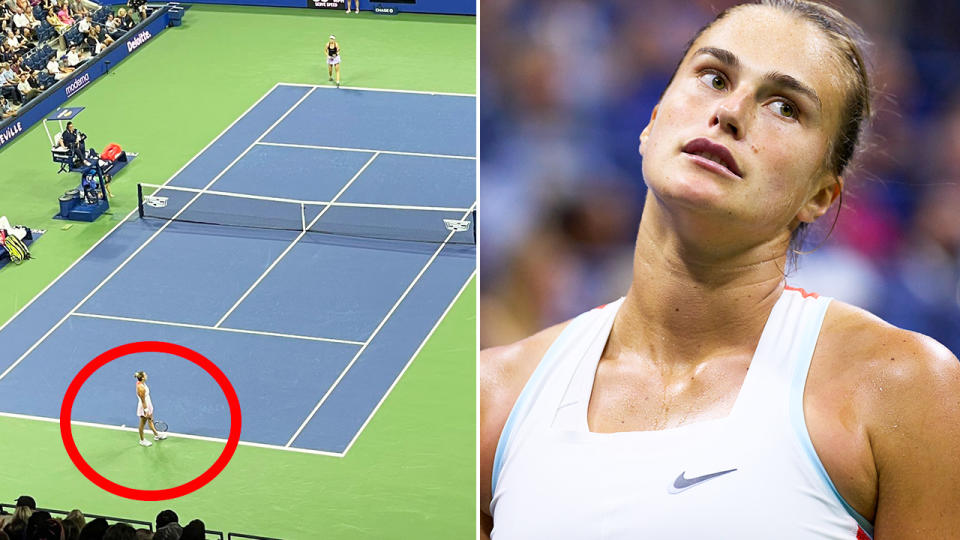 Aryna Sabalenka, pictured here changing her racquet before a second serve on break point.